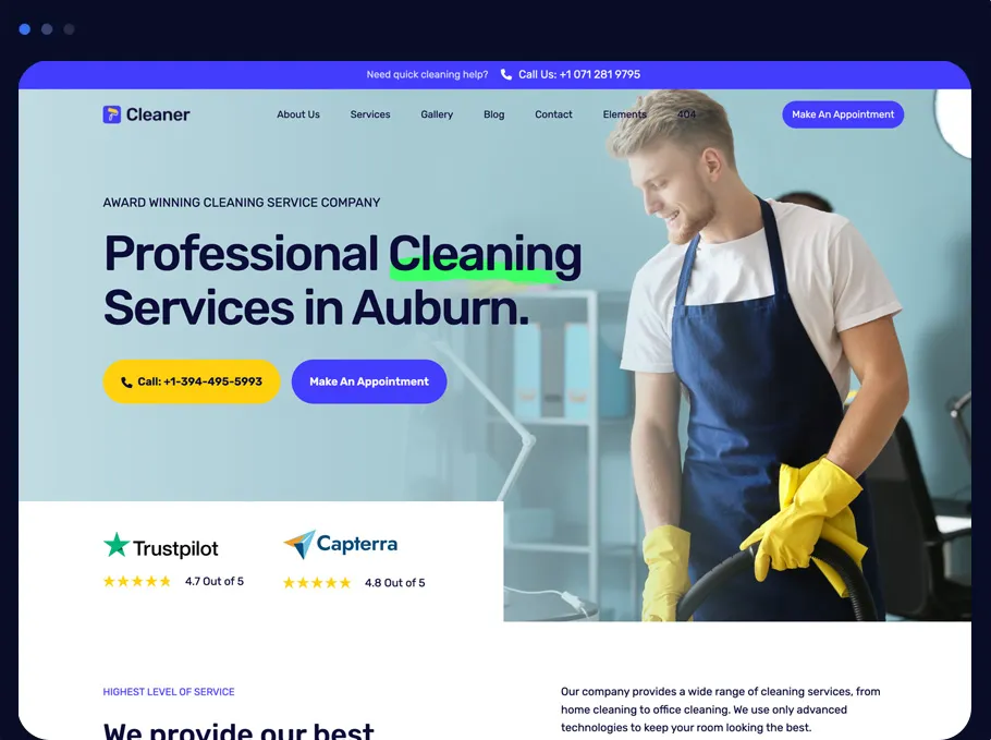 Example VoltSites cleaning company website homepage